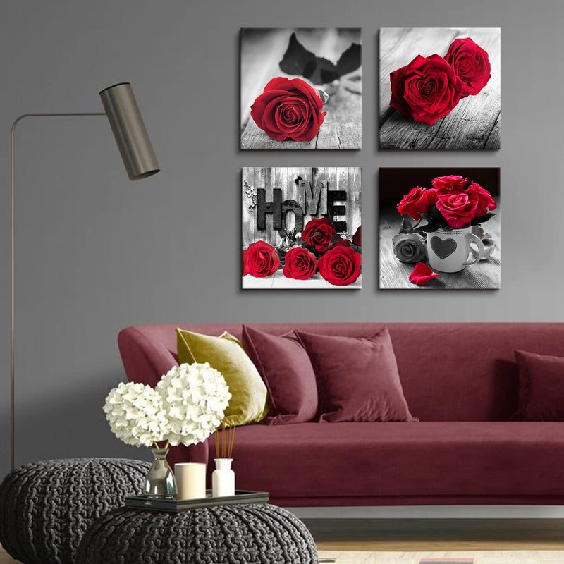 YOOOAHU Rustic Rose Floral Canvas Wall Art Red Flower Pictures for Living Room Home Decorations Girls Bedroom Over Bed Wall Decor Retro Bouquet Paintings Posters Romantic Artwork 16x16â€ 4P Valentines Gifts - Image 5